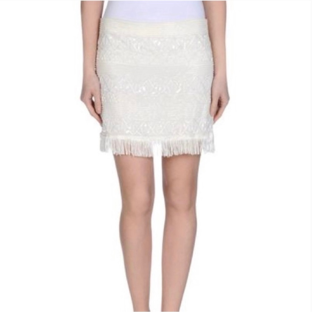 ALICE + OLIVIA Silk White Sequin Beaded Fringe Mini Skirt Size 8
